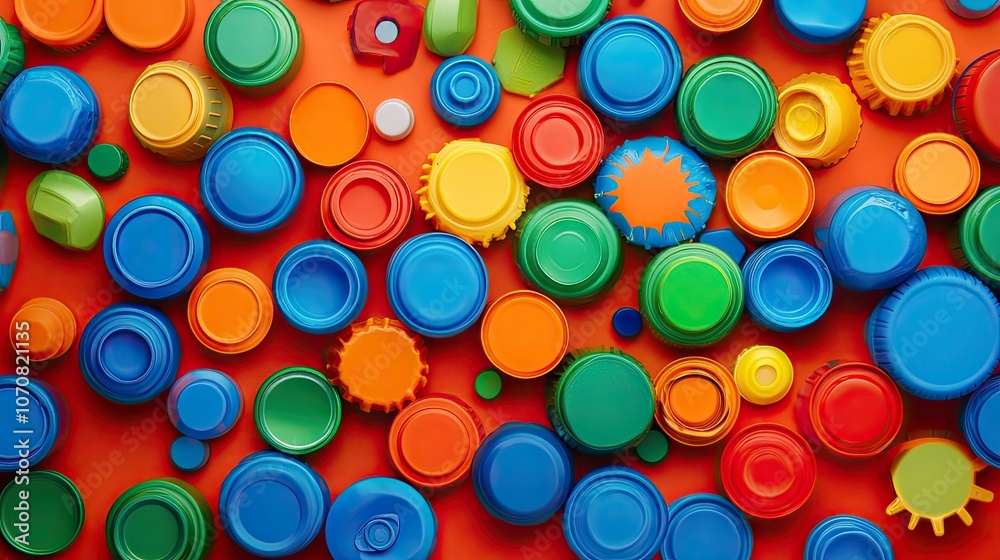 Eco-conscious layout of plastic bottle caps and tin cans on a bright background, representing a commitment to recycling efforts. Eco-conscious layout of plastic bottle caps and tin cans on a bright background, representing a commitment to recycling efforts.