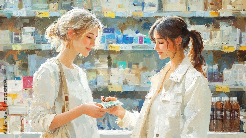 Obraz premium customer exchanges money cashier while purchasing cigarettes brightly lit store both dressed casually and engaging everyday transaction