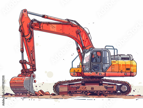 Large orange and gray construction machine is shown in the dirt. The machine is a bulldozer and is in the process of digging