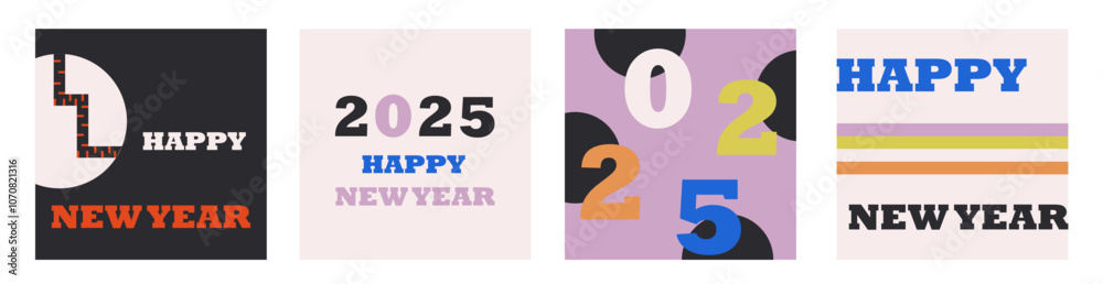 Set of Happy New Year 2025 posters. Modern abstract templates for invitation cards, banner, branding, cover. Set of Happy New Year 2025 posters. Modern abstract templates for invitation cards, banner, branding, cover.