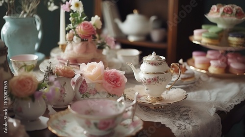 Elegant Tea Set with Flowers and Pastries Display