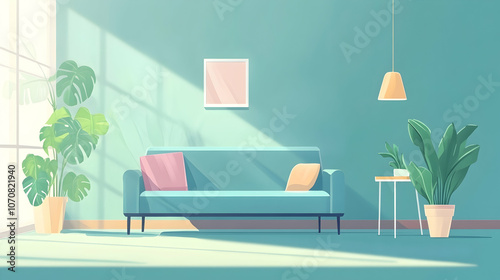 A minimalist living room with a blue sofa, two plants, a coffee table, a lamp, and a framed picture.