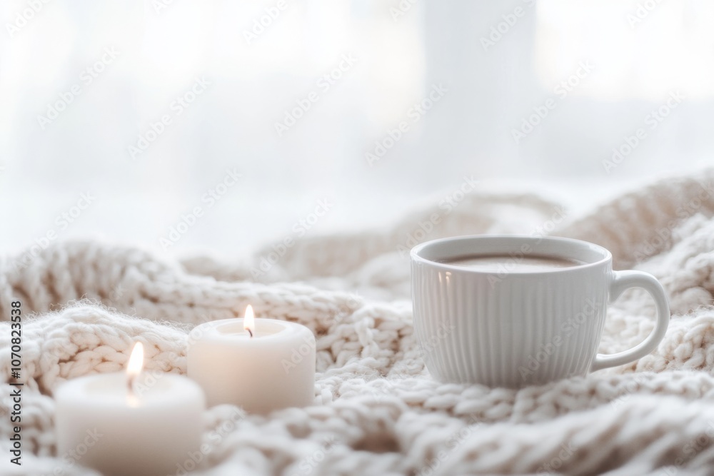 Cozy Coffee Setting. Soft Candles and Warm Knit Blanket for Comfort. Winter still life. White ceramic cup, candlelight. Hot beverage on window sill. Christmas home. Woolen knitted sweater, burn candle Cozy Coffee Setting. Soft Candles and Warm Knit Blanket for Comfort. Winter still life. White ceramic cup, candlelight. Hot beverage on window sill. Christmas home. Woolen knitted sweater, burn candle