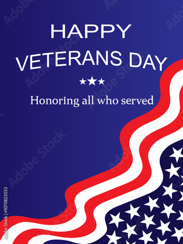 USA Veterans Day celebration greeting card with waving American national flag vector design illustration