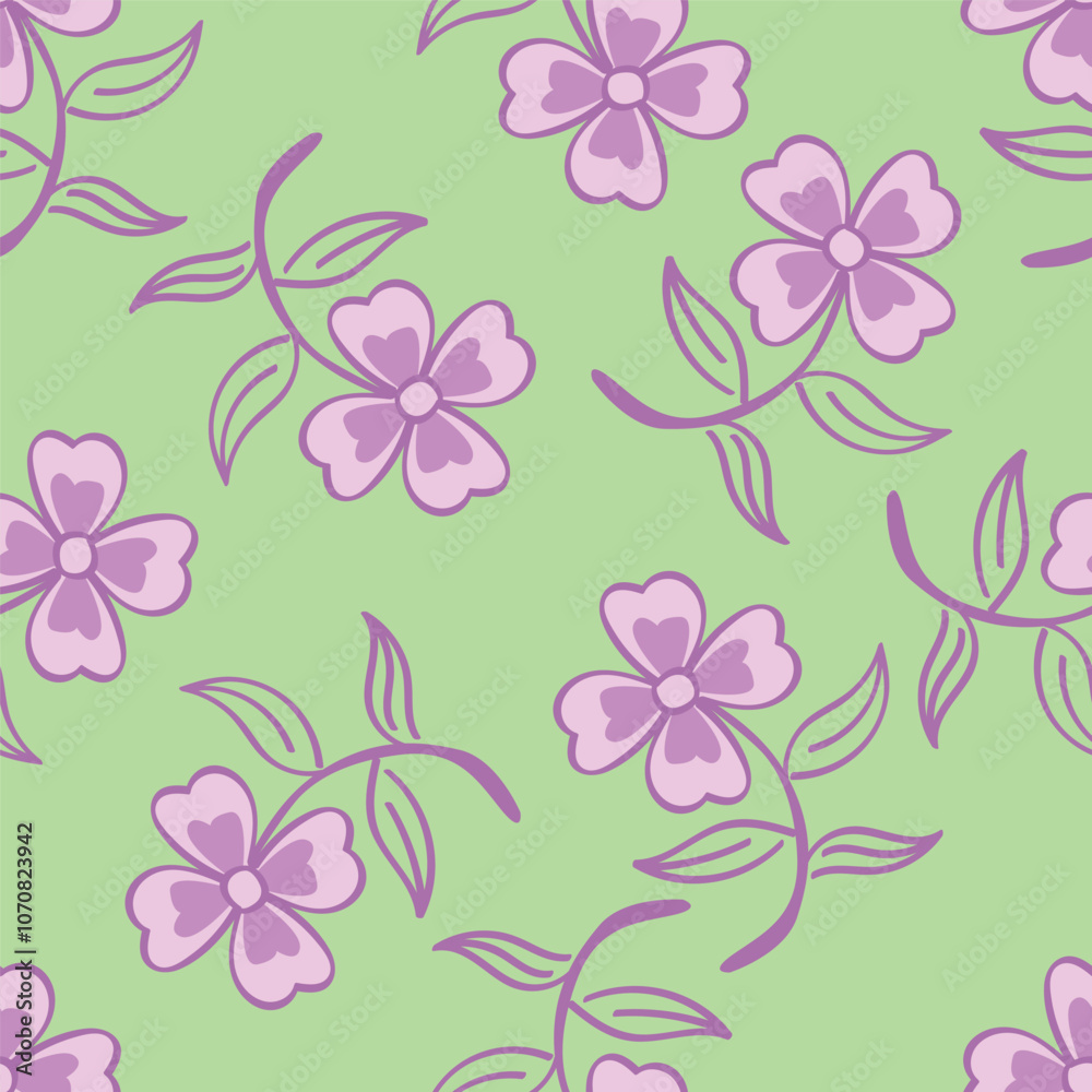 Flower garden wallpaper design vector prepared for textile printing. Seamless floral pattern with abstract hand drawn flower and leaf background elements in purple