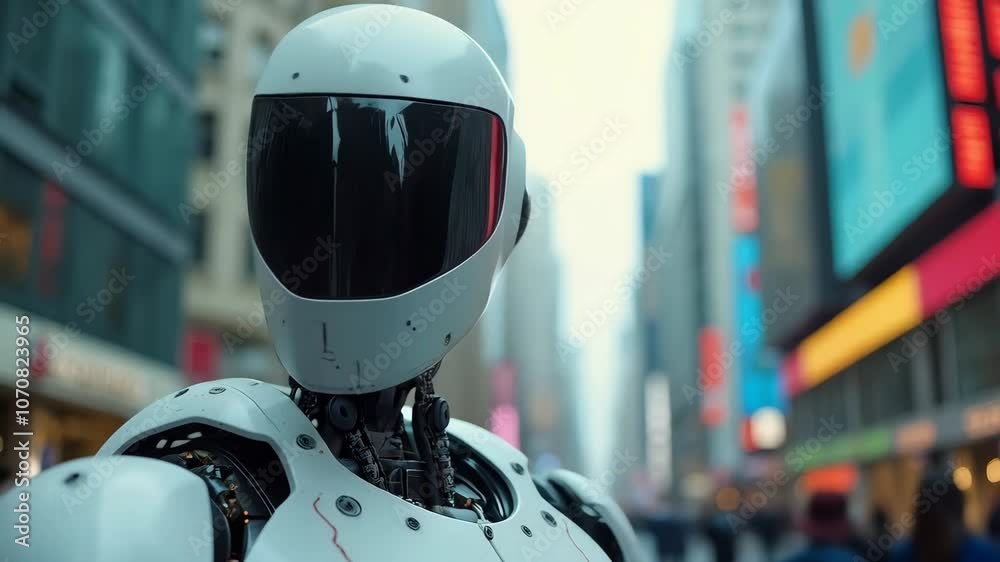 Futuristic humanoid robot with a sleek white design in an urban street, representing advanced technology and artificial intelligence. Concept of AI and robotics in modern society. Design for wallpaper Futuristic humanoid robot with a sleek white design in an urban street, representing advanced technology and artificial intelligence. Concept of AI and robotics in modern society. Design for wallpaper