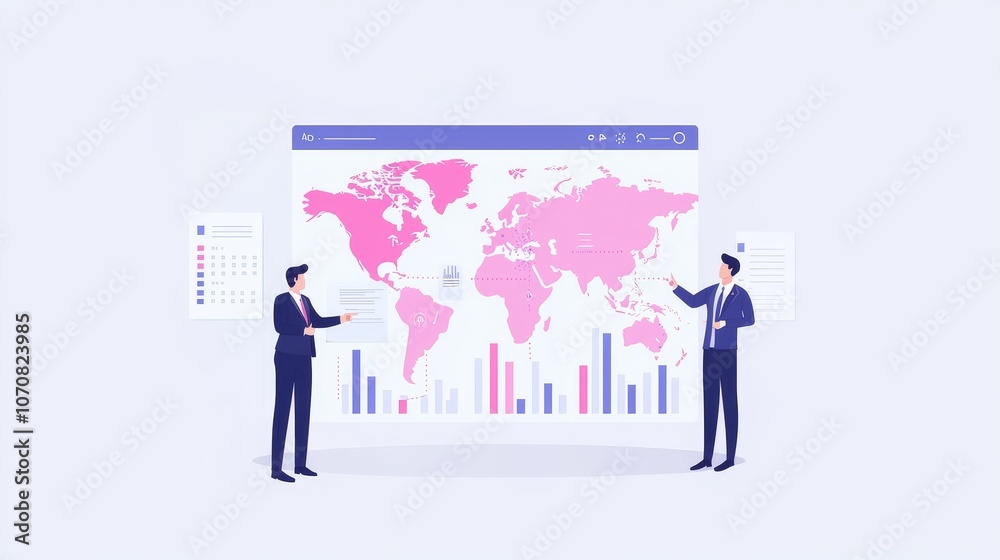 Business professionals analyze global data trends using interactive infographics for strategic decision-making Business professionals analyze global data trends using interactive infographics for strategic decision-making