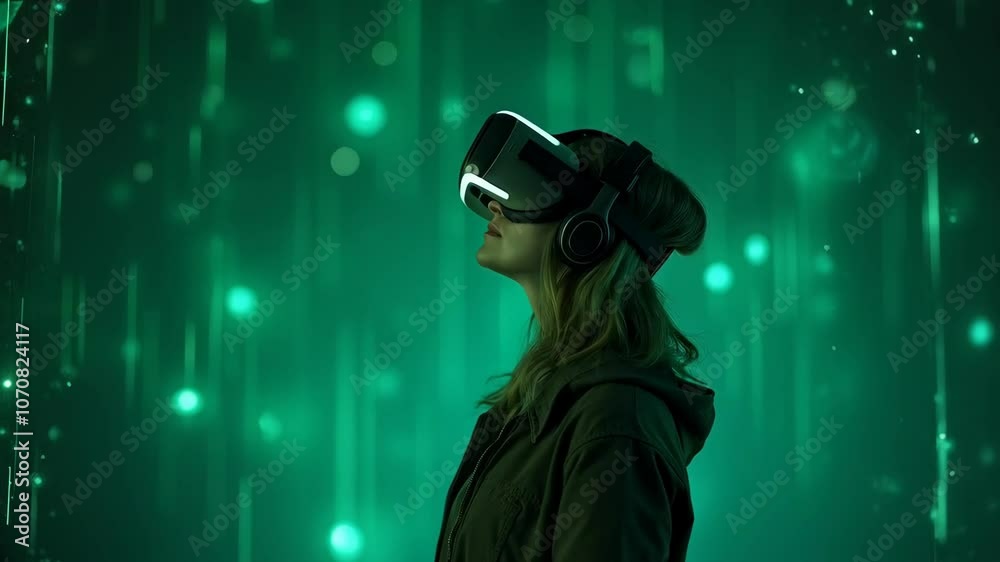 Woman in VR headset surrounded by green digital lights, representing virtual reality in a sci-fi environment. Concept of immersive technology and digital exploration. Design for wallpaper, banner, pos Woman in VR headset surrounded by green digital lights, representing virtual reality in a sci-fi environment. Concept of immersive technology and digital exploration. Design for wallpaper, banner, pos