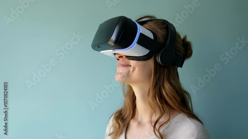 Woman using VR headset against a light blue background, experiencing a virtual world with a joyful expression. Concept of immersive technology and digital interaction. Design for wallpaper, banner