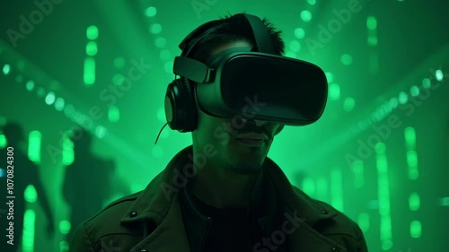 Man wearing a VR headset in a green-lit virtual environment, experiencing a digital world. Concept of immersive technology and virtual escapism. Design for wallpaper, banner, poster.