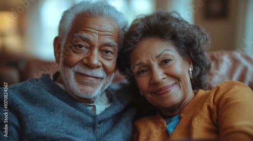 An older couple enjoys each other's company, sharing smiles and warmth while seated together on a inviting sofa in their tranquil living room filled with soft light.