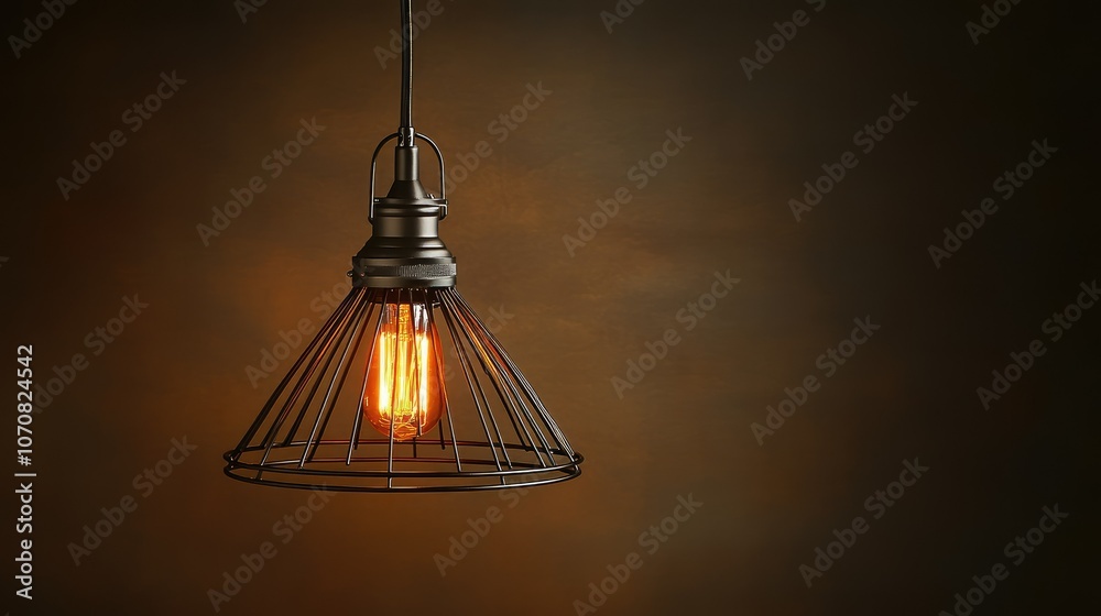 Obraz premium Industrial-style ceiling lamp fixture lit against a dark ceiling, casting subtle light and shadow for an urban ambiance.