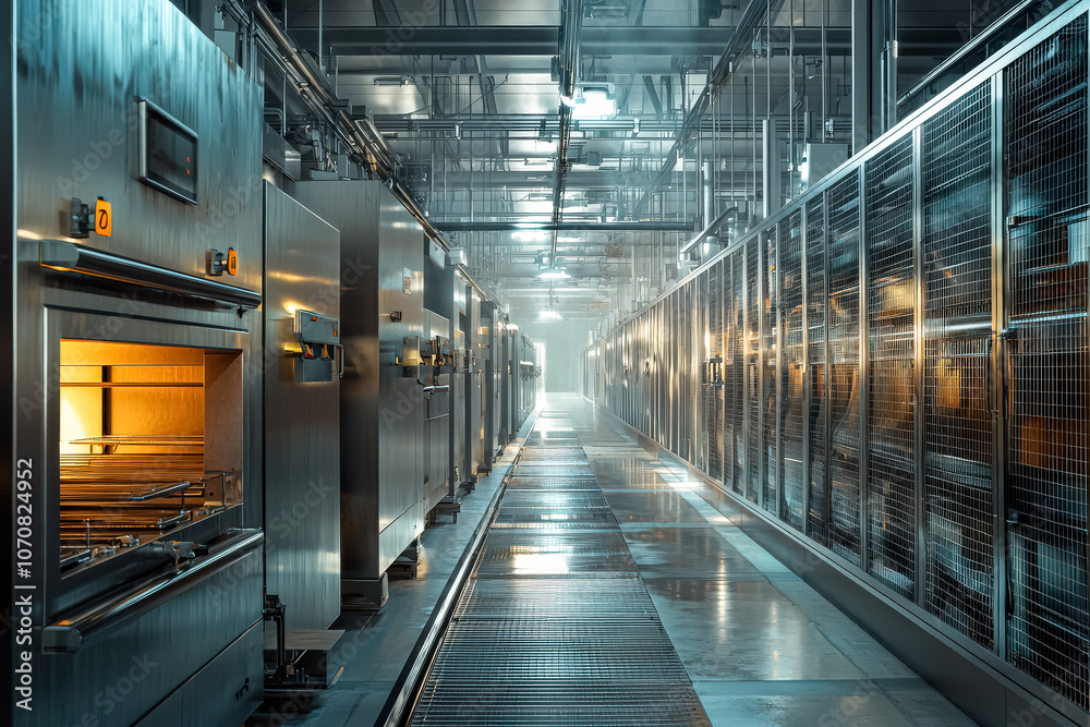 Fototapeta premium Large industrial building with many ovens and a man in the middle. Scene is industrial and possibly dangerous