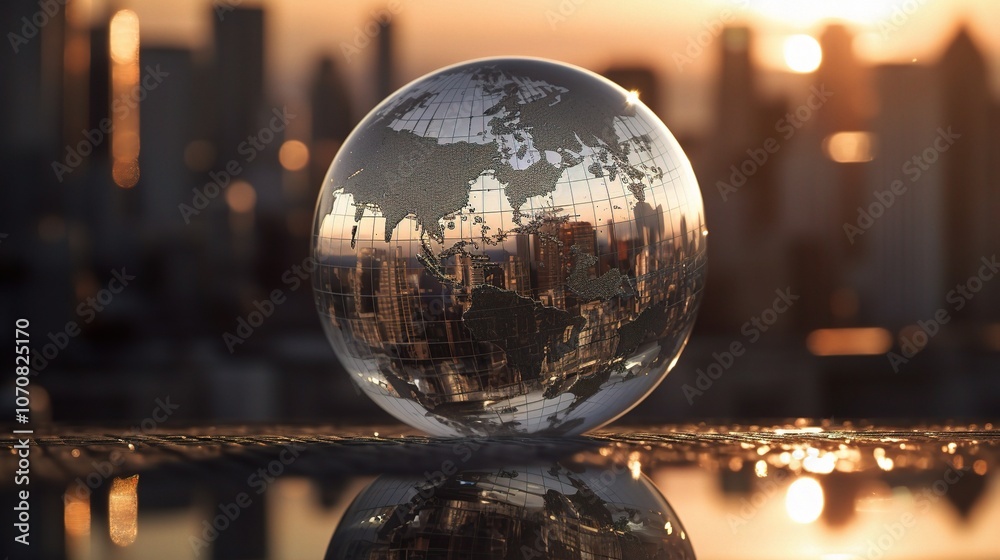 Reflective Globe on Cityscape Background at Sunset Reflective Globe on Cityscape Background at Sunset