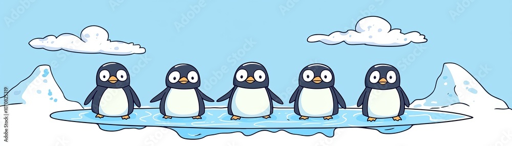 Obraz premium Five playful penguins gather on ice in a colorful arctic scene for an adorable winter adventure