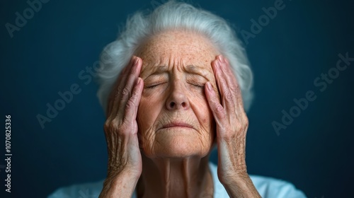 A senior woman with white hair holds her head and closes her eyes, evoking feelings of melancholy and stress, captured in a serene blue background setting. photo