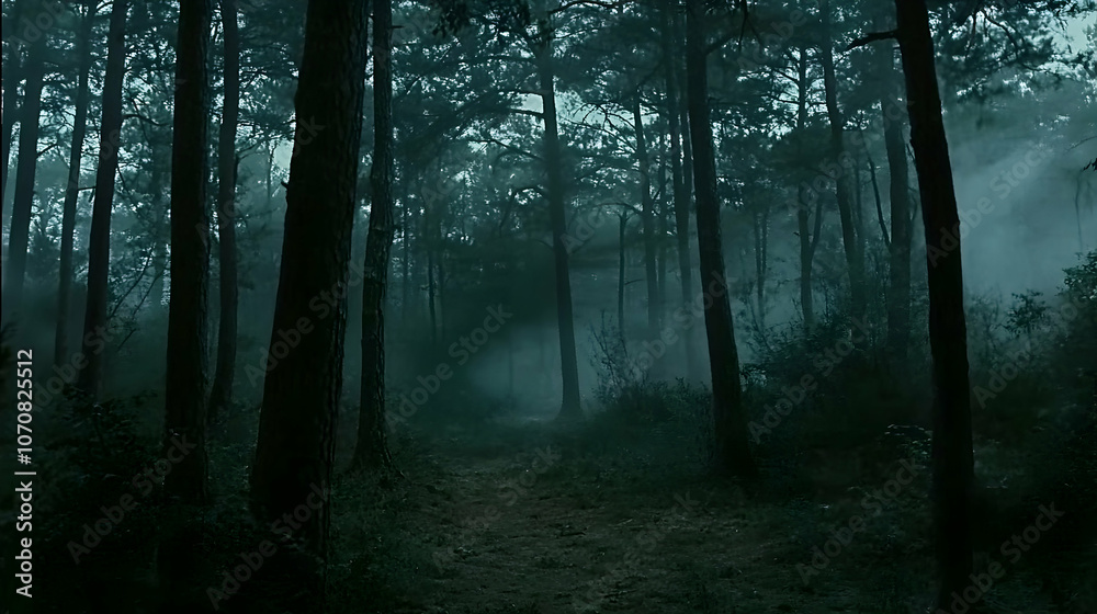 Obraz premium A misty path winds through a dense, shadowy forest, with sunlight filtering through the trees.