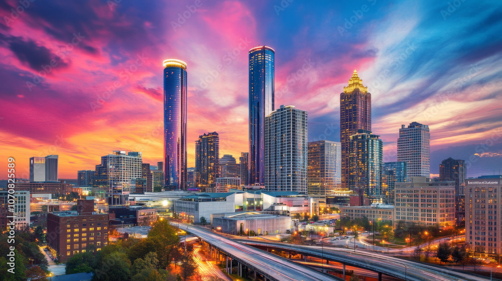 Fototapeta premium A scenic view of downtown Atlanta, Georgia, with the city skyline lit up at sunset, capturing its vibrant energy.