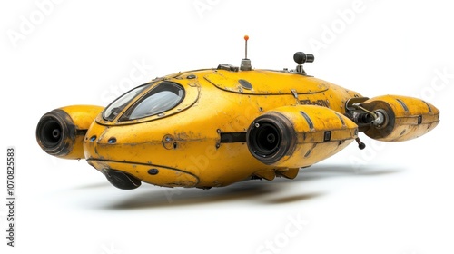 Yellow autonomous underwater vehicle on white background, designed for ocean exploration and research. photo