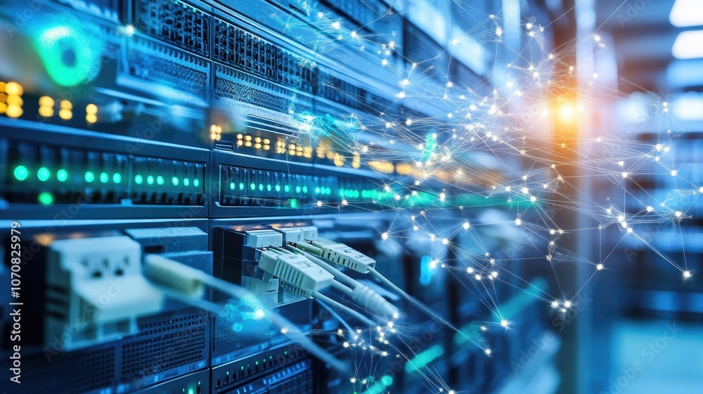 Network switch router with multiple ethernet cables plugged in, green LED lights glowing to indicate connectivity in a modern data center. Network switch router with multiple ethernet cables plugged in, green LED lights glowing to indicate connectivity in a modern data center.