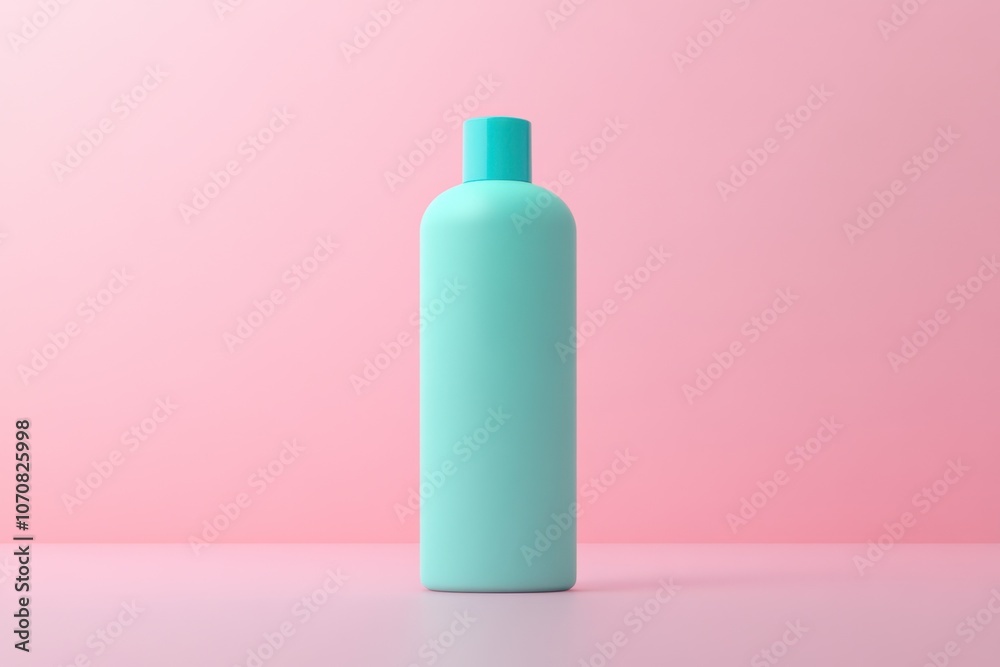 Minimalist 3D Rendering of a Cyan Lotion or Cream Bottle on a Soft Pink Background, Featuring Clean Lines and a Modern Product Design Aesthetic Minimalist 3D Rendering of a Cyan Lotion or Cream Bottle on a Soft Pink Background, Featuring Clean Lines and a Modern Product Design Aesthetic
