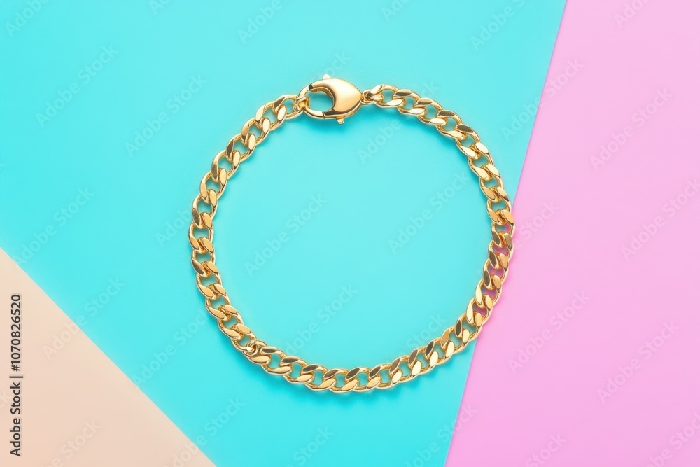 Fototapeta premium Shiny gold Cuban link bracelet on a vibrant blue and pink background. Classic jewelry piece reflecting light, perfect for fashion and style imagery