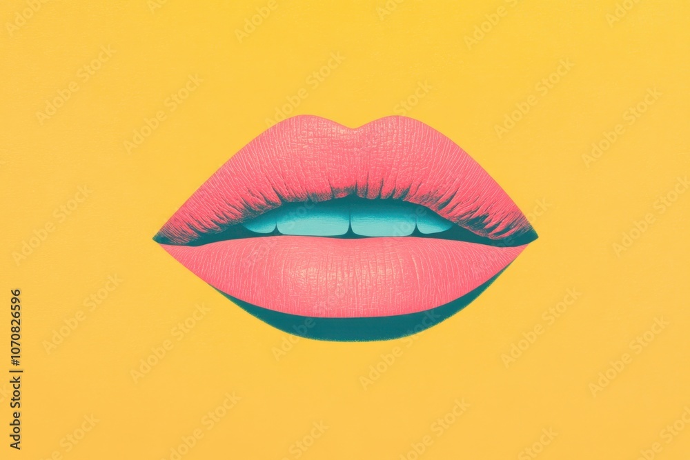 A vibrant illustration of a pair of lips against a bright yellow background. The lips are painted in shades of pink with a glossy finish, showcasing a modern and artistic style A vibrant illustration of a pair of lips against a bright yellow background. The lips are painted in shades of pink with a glossy finish, showcasing a modern and artistic style