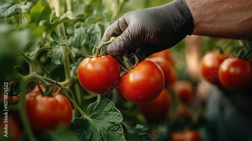 A person wearing gloves selects ripe, red tomatoes from the lush garden, embodying themes of gardening, agriculture, and fresh produce for healthy living. photo