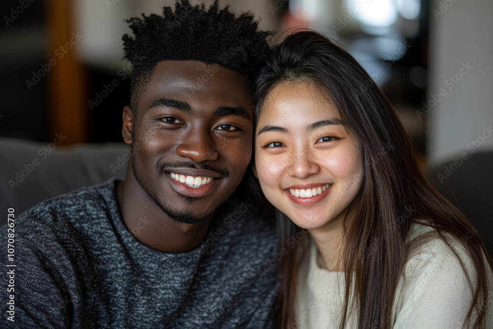 Young happy multinational married couple smile looking at the camera, enjoying time together in their home. Young happy multinational married couple smile looking at the camera, enjoying time together in their home.