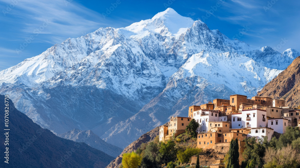 Fototapeta premium A scenic view of the Atlas Mountains in Morocco, with snow-capped peaks and traditional Berber villages below.
