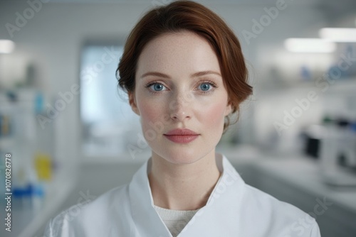 A woman with red hair wearing a white lab coat stands in a laboratory setting, looking directly at the camera. The background is blurred, showing lab equipment and shelves