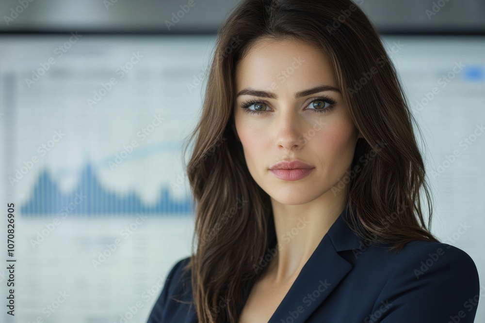 A confident businesswoman in a dark blazer stands in front of a financial chart, showcasing professionalism and determination. Her long, wavy hair frames her face, and she gazes directly at the camera A confident businesswoman in a dark blazer stands in front of a financial chart, showcasing professionalism and determination. Her long, wavy hair frames her face, and she gazes directly at the camera