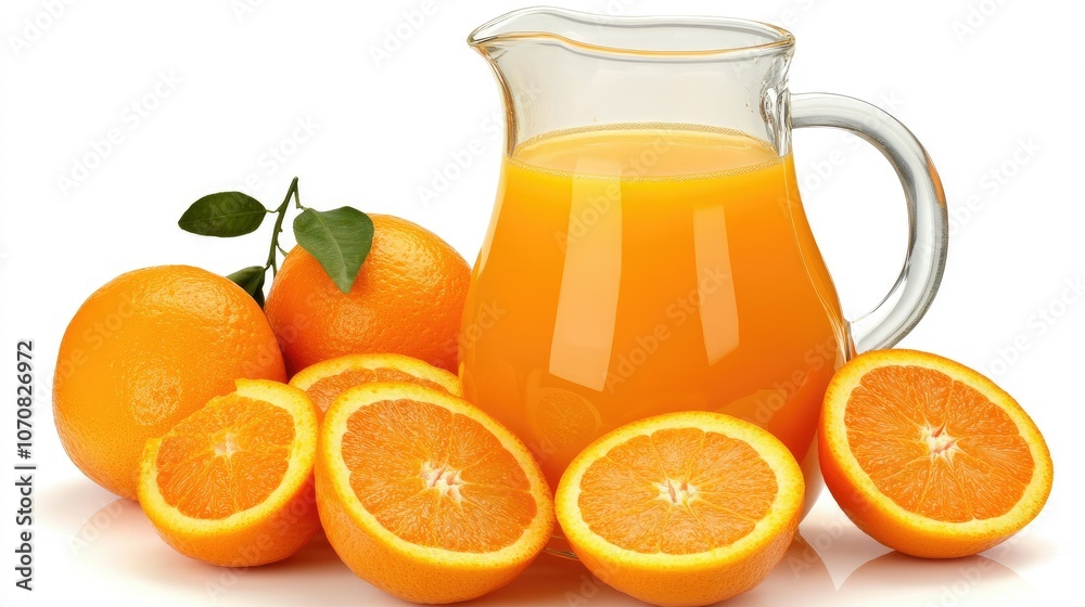 Refreshing orange juice in a glass jug with fresh orange slices around, on a white surface to highlight its vibrant color. Refreshing orange juice in a glass jug with fresh orange slices around, on a white surface to highlight its vibrant color.