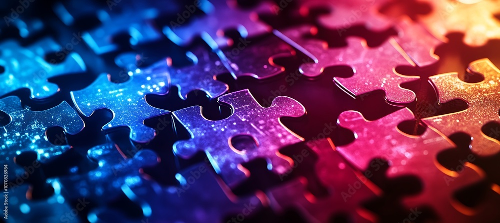 A conceptual image of a digital puzzle with various pieces representing different business sectors, glowing in vibrant colors A conceptual image of a digital puzzle with various pieces representing different business sectors, glowing in vibrant colors