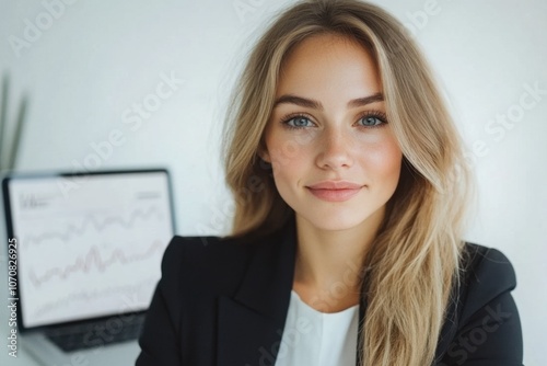 A professional data analyst lady with long blonde hair and a confident smile, wearing a black blazer, sits in front of a laptop data 