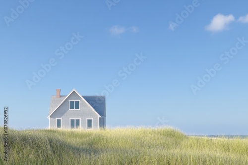 Wallpaper Mural Coastal House with Blue Sky and Grassy Dunes, Peaceful Seaside Living, Minimalist Landscape Torontodigital.ca