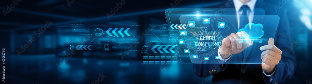 Cloud computing. Businessman touching interface and accessing, cloud computing resources, expanding business capabilities, enhancing data storage, utilizing flexible infrastructure. Cloud computing. Businessman touching interface and accessing, cloud computing resources, expanding business capabilities, enhancing data storage, utilizing flexible infrastructure.