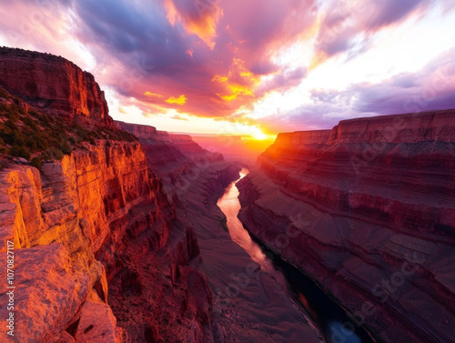 A scenic view of the Grand Canyon at sunrise, with its layers of red rock and the Colorado River below.