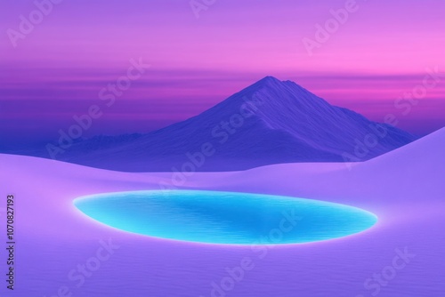 A serene landscape featuring a glowing turquoise pool surrounded by soft, snowy hills under a vibrant purple and pink sky. A majestic mountain looms in the background, creating a tranquil atmosphere