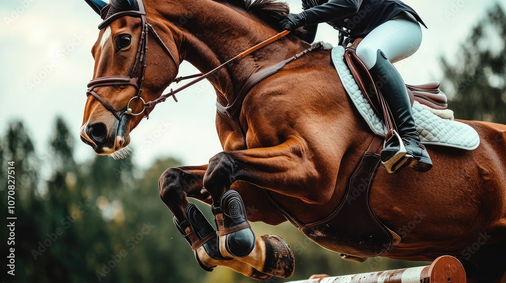 Obraz premium Side view of a rider guiding their horse mid-air over an obstacle, hooves barely grazing the fence