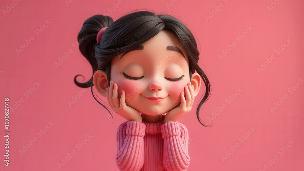 Cute cartoon girl dreaming with closed eyes, holding cheeks, wearing pink sweater, against vibrant pink background Cute cartoon girl dreaming with closed eyes, holding cheeks, wearing pink sweater, against vibrant pink background