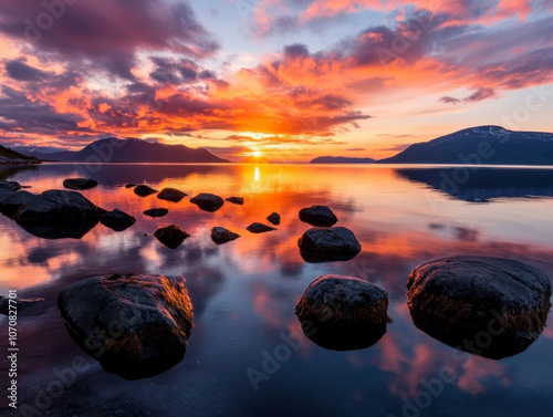 A scenic view of the Midnight Sun over the Arctic Circle in Norway, with the sun never setting over the horizon.