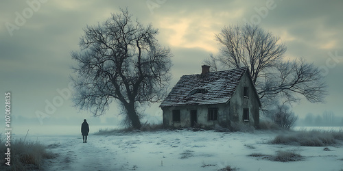 Amidst the cold winter chill, a solitary figure stands before an abandoned house, surrounded by a snow-covered expanse. The barren trees and the heavy gray sky cast a pall over the scene