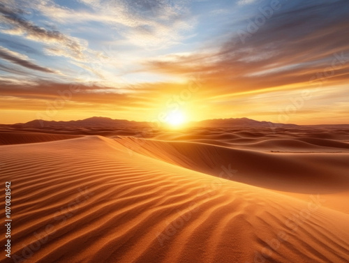 A scenic view of the Sahara Desert, with rolling sand dunes stretching into the horizon under the golden sun.