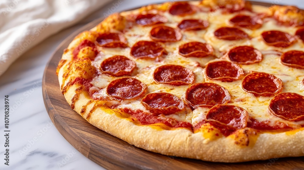 Frozen pepperoni pizza with a handmade look, icecovered toppings, artisanal crust, closeup in natural lighting, freeze pizza, handmade, pepperoni