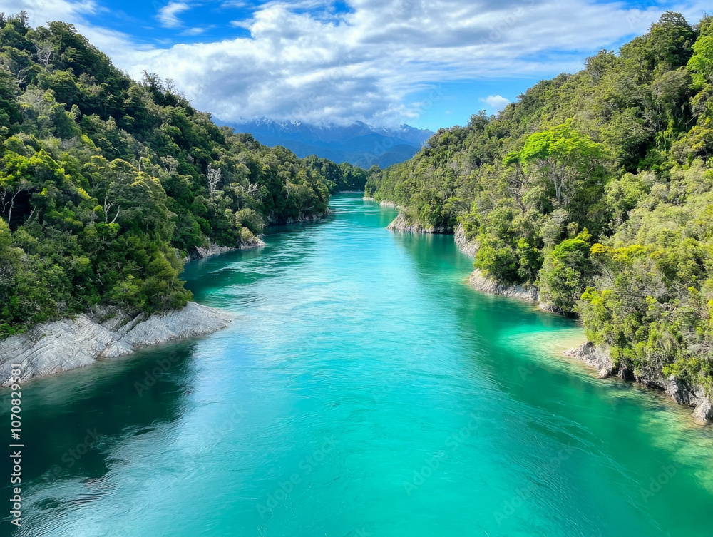 A serene shot of Hokitika Gorge, with its bright turquoise waters surrounded by dense forest. A serene shot of Hokitika Gorge, with its bright turquoise waters surrounded by dense forest.