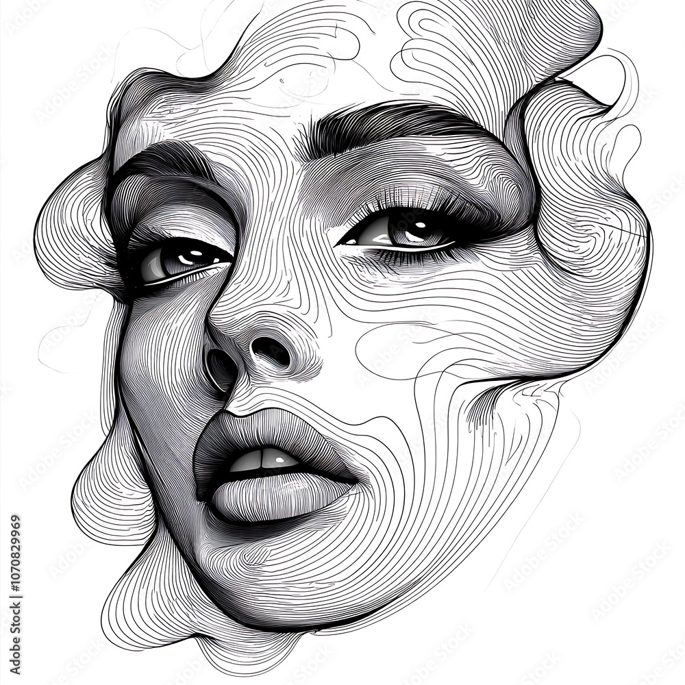 Elegant line art portrait of woman face with flowing contours and ...