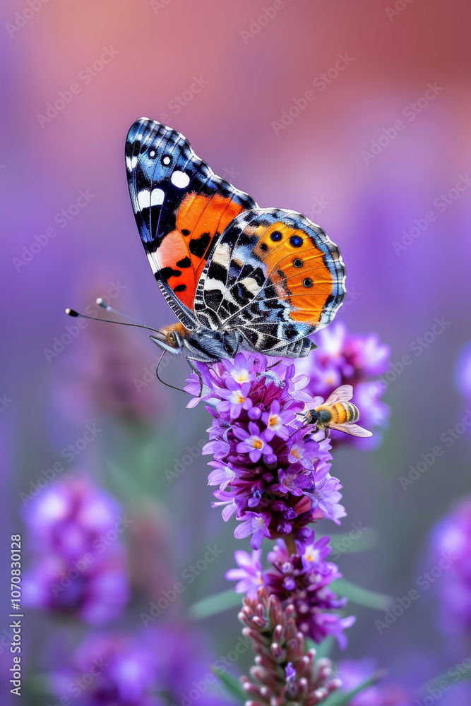 National Heather Day. A painted lady butterfly and a bee share a purple heather bloom in a serene field, illustrating a beautiful moment of nature’s pollinators at work. National Heather Day. A painted lady butterfly and a bee share a purple heather bloom in a serene field, illustrating a beautiful moment of nature’s pollinators at work.