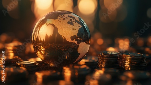 A shiny globe depicting the world stands between stacks of gold coins, symbolizing global trade and financial support The background is blurred to emphasize the subject Generative AI