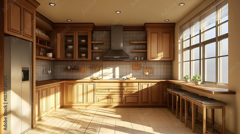 A modern kitchen with wood cabinets, stainless steel appliances, and a large window. The kitchen is bathed in warm sunlight. A modern kitchen with wood cabinets, stainless steel appliances, and a large window. The kitchen is bathed in warm sunlight.